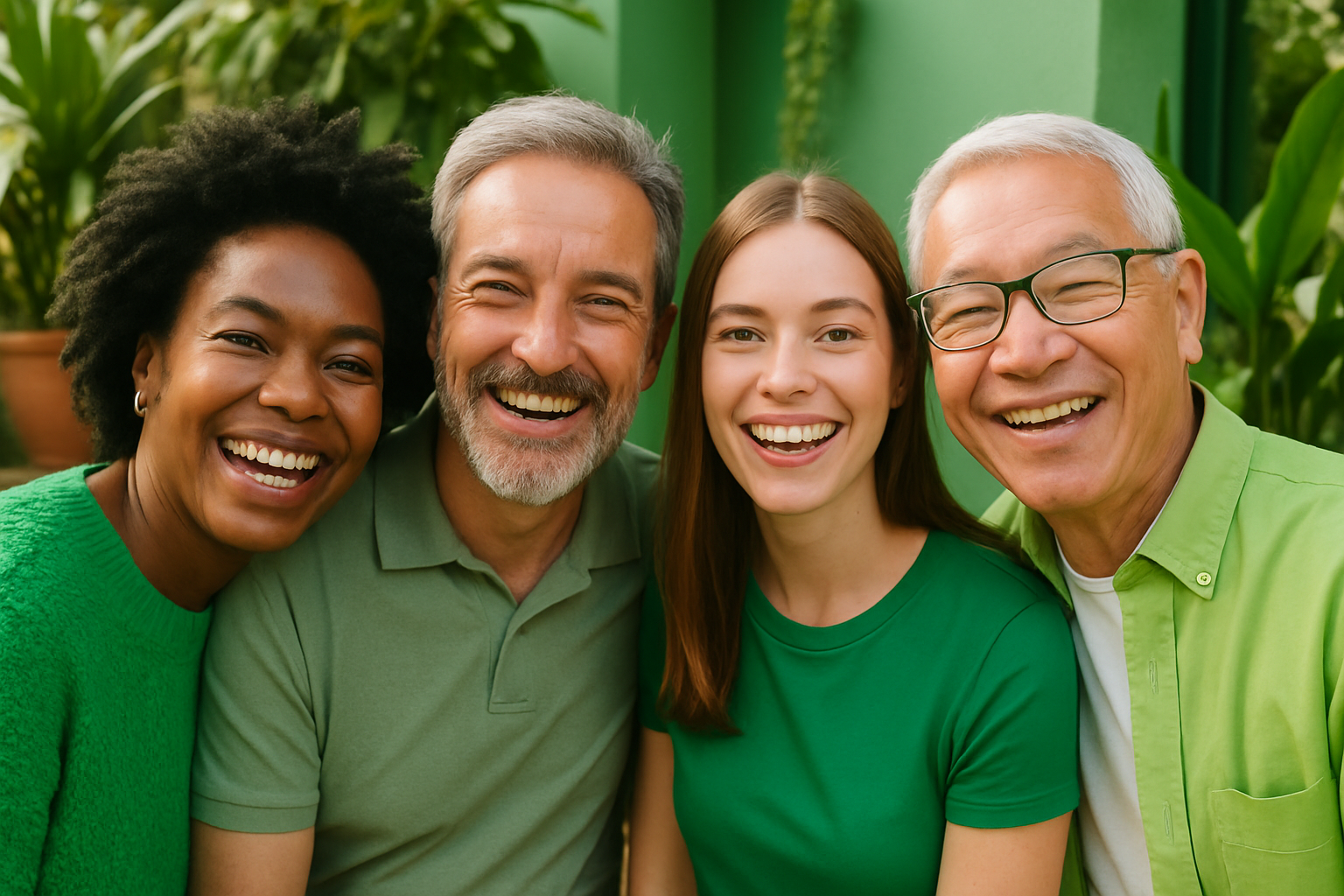 crear imagen de personas mirando la camara felices con detalles en verde 